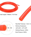 Red PU Pneumatic Tubing Hose For Air Compressor 8mm Outer Diameter By 5mm Inner, 5 Meters Long, shown coiled with specs