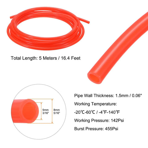 Red PU Pneumatic Tubing Hose For Air Compressor 8mm Outer Diameter By 5mm Inner, 5 Meters Long, shown coiled with specs