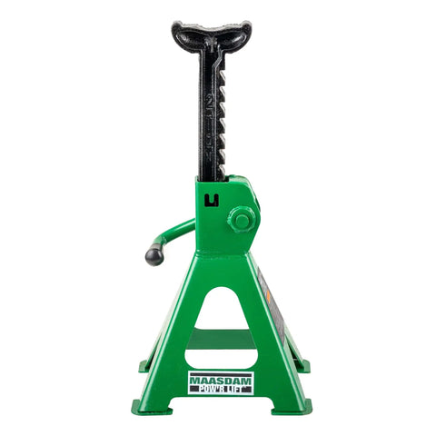 Front view of a green Pair Of 2 Ton Jack Stands With Extended Reach 10.5 To 17 Inches Beefy Heavy Duty Steel Base With Anti Sink Feet