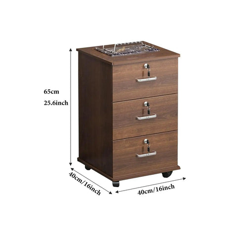 Lockable Vertical File Cabinet With 3 Drawers On Mobile Wheels In Wooden And Metal Finish for Home Office and Business Use