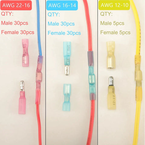 130Pcs Heat Shrink Bullet Wire Connectors Kit Waterproof Marine Grade Terminals with male and female crimp connectors for wiring.