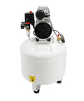 10 Gallon Oil-Free Air Compressor 1HP Ultra Quiet Vertical Steel Tank 115 PSI with adjustable regulator on top.