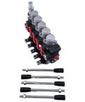 Front-angle view: Solarhome 5-spool hydraulic directional valve manifold with gray cap tops and red ports; actuators