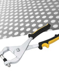Ceiling Grid Hole Punch Pliers Kit with 9.57 inch multi purpose metal hole punch tool shown with punched metal sheet
