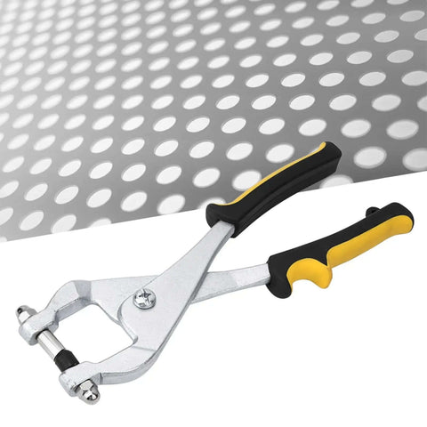 Ceiling Grid Hole Punch Pliers Kit with 9.57 inch multi purpose metal hole punch tool shown with punched metal sheet