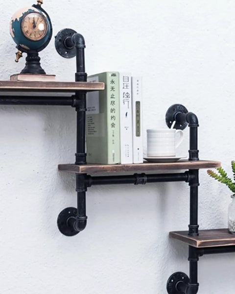 Black 4 Way Cross Pipe Fitting Connector For Furniture And Decor used in wall shelf with books and decorations