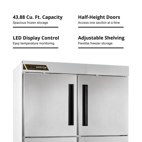 The Real Deal Heavy Duty Reach In Freezer With Two Section Split Solid Doors Serious 43 Cubic Foot Capacity Top Shelf Cold Storage built tough for bustling kitchens.