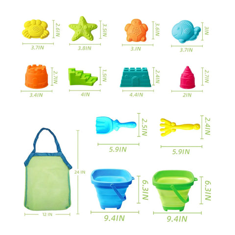 Collapsible Beach Toy Set For Kids Ages 3 To 12 Kid Friendly Travel Sandbox Kit With 2 Foldable Buckets Shovel Rake Molds Mesh Bag