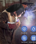 Welder using extended welding helmet cover with press-fit seal, black hood guard, silicone seal for pro grade protection.