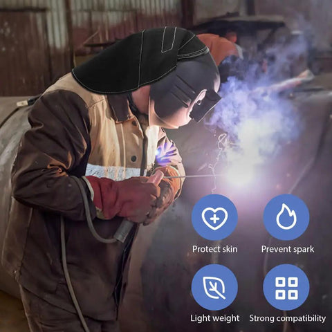 Welder using extended welding helmet cover with press-fit seal, black hood guard, silicone seal for pro grade protection.