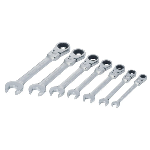 7 Piece Ratchet Set With 72 Tooth Quick Engagement Box End, 180 Degree Flex Head, solid chrome finish, laid out in row