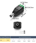 Kickass Male Dc Power Connector Adapter 10 Pack With Heavy Duty Thick Copper Wiring For 12V 24V Led Strip And Cctv Security Cameras, detailed dimensions shown.