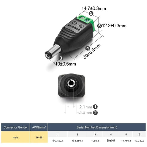 Kickass Male Dc Power Connector Adapter 10 Pack With Heavy Duty Thick Copper Wiring For 12V 24V Led Strip And Cctv Security Cameras, detailed dimensions shown.