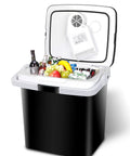 Portable 26 Liter Car Cooler Warmer With Ac Dc Power Compact Electric Refrigerator Chest filled with drinks and fruits.