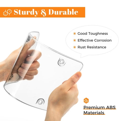 Hands bending clear ABS plate showing flexibility of 2 Pack Clear License Plate Protector Frames For Front And Rear No Hassle Install With Screws Caps ABS Car Frame Fits Any Standard US Plates American Flag Design Weather Ready And Rust Resistant For Your Ride