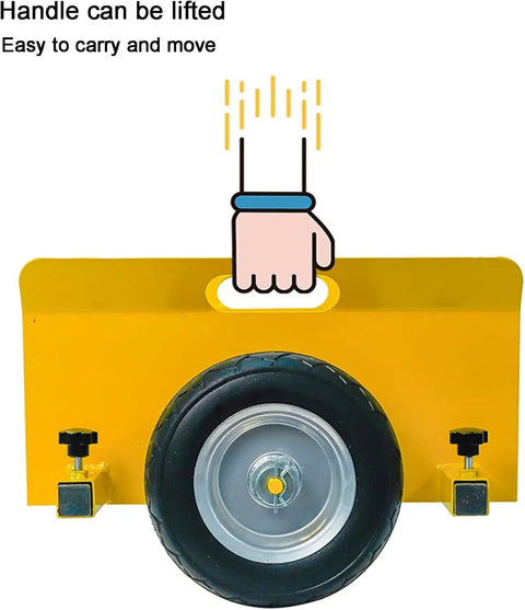 Heavy Duty Panel Dolly Cart With Adjustable Drywall Mover Design Smooth Eight Inch Rollers For Hauling Sheetrock Panels showing lifting handle and wheel.