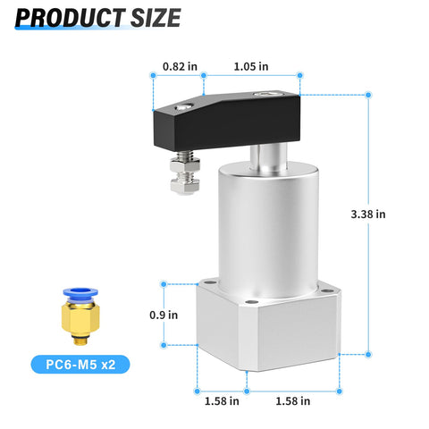 Workhorse Pneumatic Rotary Clamping Cylinder With 90 Degree Turn, 20mm Bore, Aluminum Body, M5 Port, 0-1.5 MPa, 215 PSI, dimensions labeled