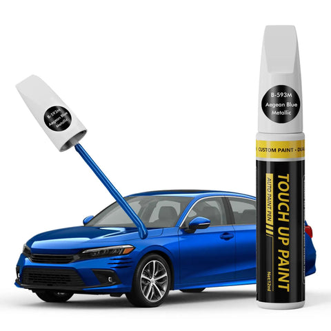 Aegean Blue Metallic B-593M Touch Up Paint Kit For Honda, 2 In 1 Scratch Remover Pen beside blue Honda car