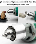 Reliable Workhorse Electric Die Grinder With 480W Motor And Six Step Variable Speed Dial Delivers A Clean 30000 Rpm showing 3-jaw chuck clamping range.