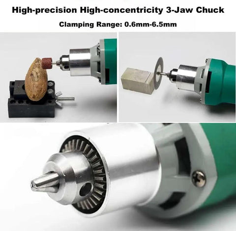 Reliable Workhorse Electric Die Grinder With 480W Motor And Six Step Variable Speed Dial Delivers A Clean 30000 Rpm showing 3-jaw chuck clamping range.