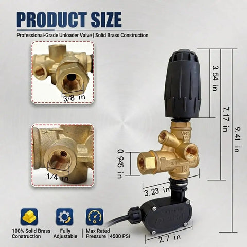 Heavy Duty Pressure Washer Unloader Valve 4500 PSI Ten And A Half GPM Beefy Brass Build with Adjustable Knob dimensions