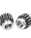 Real Deal Industrial Helical Gear Module 3 Precision Machined 22 Teeth Carbon Steel Body With Wide Step Keyway Bore Options For Smooth Motor Drives And Farm Equipment Built Tough To Handle Anything with two gears displayed.