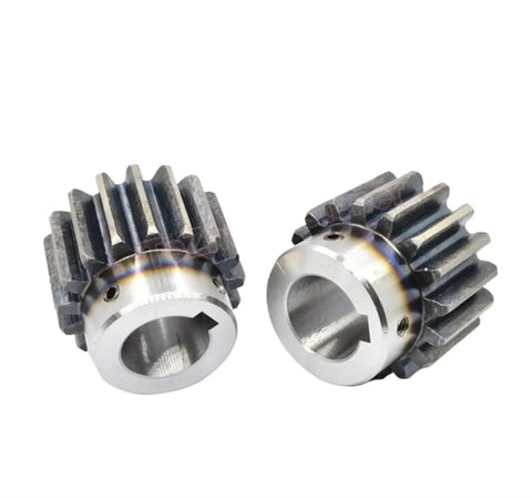 Top Grade Heavy Duty Hardened Carbon Steel Spur Gear Module 3 Pinion Wheel with 25mm Step Bore and 8mm Keyway displayed from two angles.