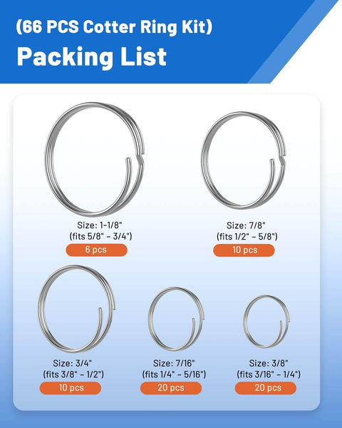 Image of 66 PCS Heavy Duty Cotter Ring Kit showing five sizes with dual coil design for clevis pins, rust resistant for marine and trailer use.