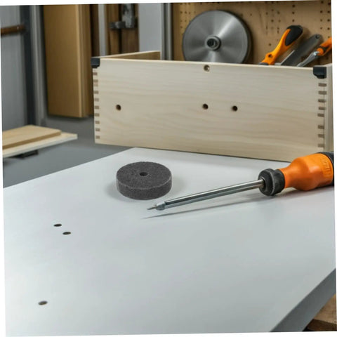 Six Piece Nylon Buffing Polishing Wheels With 10mm Hole For Metal And Furniture Burnishing Heavy Duty Grinding Set That Lasts Longer on a workbench.