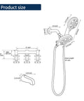 Dimensions diagram for All In One Matte Black Shower Faucet Set With Rainfall Head, Pressure Balance Valve, Rough In Trim Kit And Complete 6011B System.
