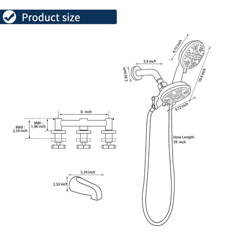 Dimensions diagram for All In One Matte Black Shower Faucet Set With Rainfall Head, Pressure Balance Valve, Rough In Trim Kit And Complete 6011B System.