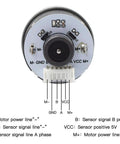 Amazon toy round encoder sensor board with 6-pin header labeled M-, M+, GND, A, B, VCC for Arduino projects