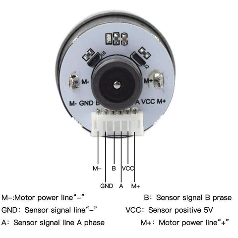 Amazon toy round encoder sensor board with 6-pin header labeled M-, M+, GND, A, B, VCC for Arduino projects