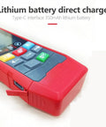 Dead On Precise 4 In 1 Stud Finder Wall Scanner showing lithium battery charge port, red plastic casing, and control buttons.