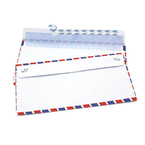 Bulk Airmail Envelopes 115x225mm Pack Of 5 10 Or 20 Dope White Mailers opened and stacked, showing red and blue border design.
