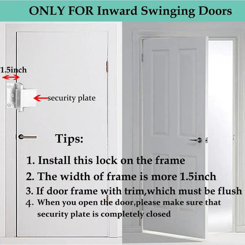 Two Pack Heavy Duty Door Security Lock For Inward Swinging Doors shown installed on door frame for kid proof reinforcement