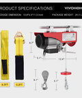 VIVOHOME electric hoist front view with remote control, red housing, zinc-plated wire rope, and yellow lifting straps