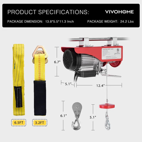 VIVOHOME electric hoist front view with remote control, red housing, zinc-plated wire rope, and yellow lifting straps