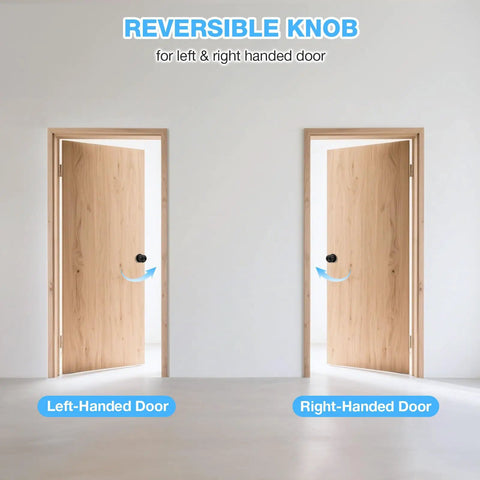 Six Pack Matte Black Interior Door Knobs For Bedroom And Bathroom Privacy showing reversible left and right-hand door installation