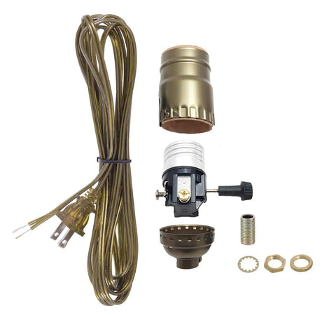 Antique Brass Socket With Matching 8 Foot Cord Set And Basic Hardware For Vintage Table Lamps And Do It Yourself Lighting Projects 3 Way Turn Knob Socket 18 Gauge SPT1 Cord Molded Polarized Plug components arranged