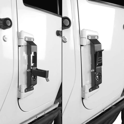 Heavy Duty Kickass Door Hinge Steps For Jeep Wrangler Jk Jku Roof Rack Access With Integrated Bottle Opener Rock Hard Serrated Grip, side view.