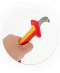 Heavy Duty Wire Stripper With Thick Insulated Handles Top Shelf Electrical Wire Cutter and Precision Stripping Tool Universal Pro Powerhouse For Tradesmen held in hand with ergonomic grip.
