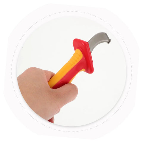 Heavy Duty Wire Stripper With Thick Insulated Handles Top Shelf Electrical Wire Cutter and Precision Stripping Tool Universal Pro Powerhouse For Tradesmen held in hand with ergonomic grip.
