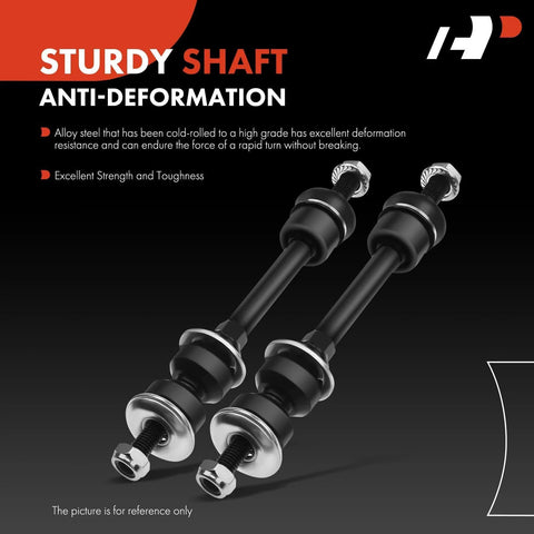 Two black front sway bar links with metal end fittings for Ford F-150 2005-2008 and Lincoln Mark LT 2006-2008