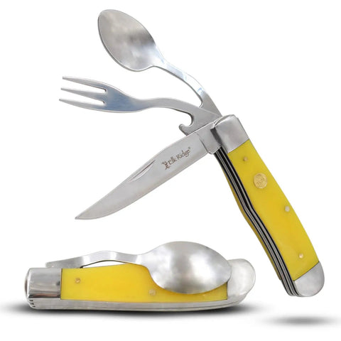 Multipurpose Folding Pocket Knife With Integrated Fork Spoon And Bottle Opener Featuring A Rock Solid Stainless Steel Blade in yellow handle.