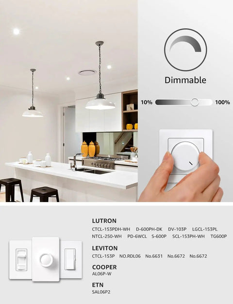 Hand adjusting light dimmer with kitchen view showcasing dimmable lighting effect, featuring Best Value Dimmable LED Light Bulbs 60W Equivalent.