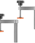 Two Pack Aluminum Bench Dog Clamps For Three Quarter Inch Dog Holes, hand operated knob, non-slip metal clamps, side angle view