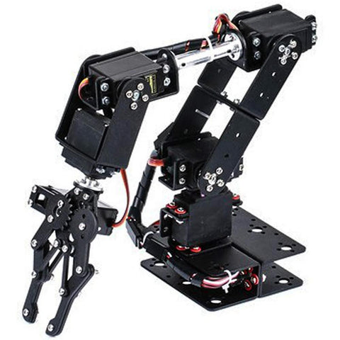Arm mechanical robotic clamp claw kit, 6DOF manipulator with black metal frame and servo motors.