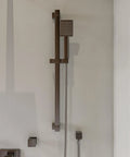 HomeStock Modern Square Solid Brass Shower System with Wall Mount Installation and Brushed Nickel Finish, wall-mounted showerhead detail.