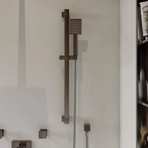 HomeStock Modern Square Solid Brass Shower System with Wall Mount Installation and Brushed Nickel Finish, wall-mounted showerhead detail.